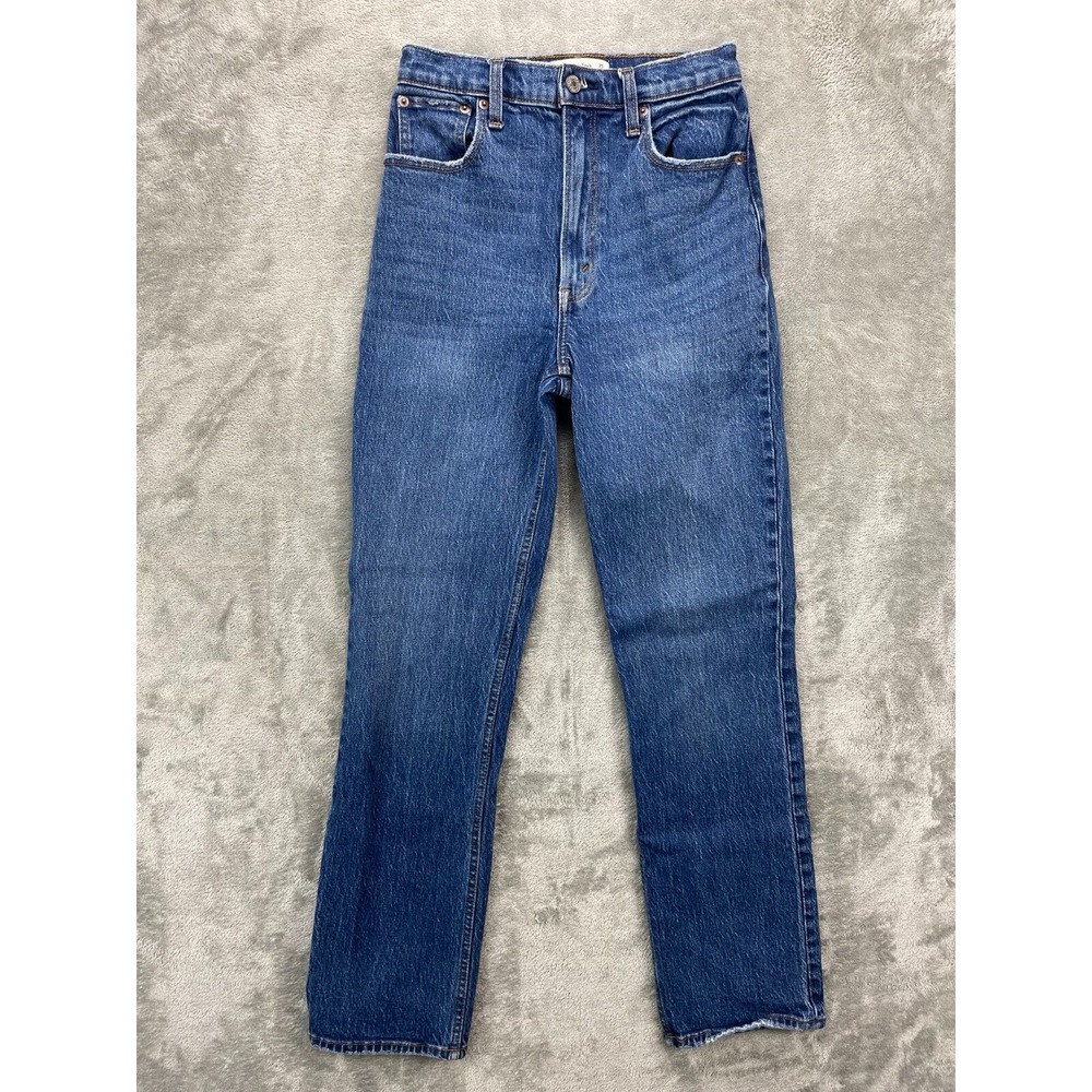 Abercrombie & Fitch High-Rise Straight Leg Jeans in Dark Blue Denim